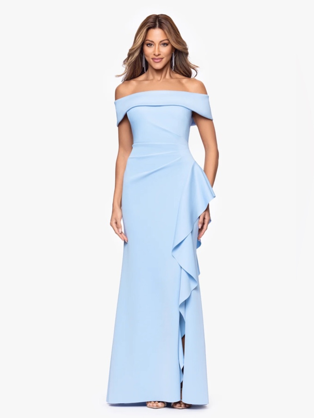 Xscape Light Blue Off Shoulder Ruffle Gown SZ 8 NWT Formal Evening MOB GALA MOG